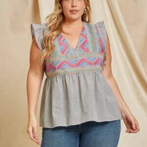 Savanna Jane Women's Striped Babydoll Embroidered Top